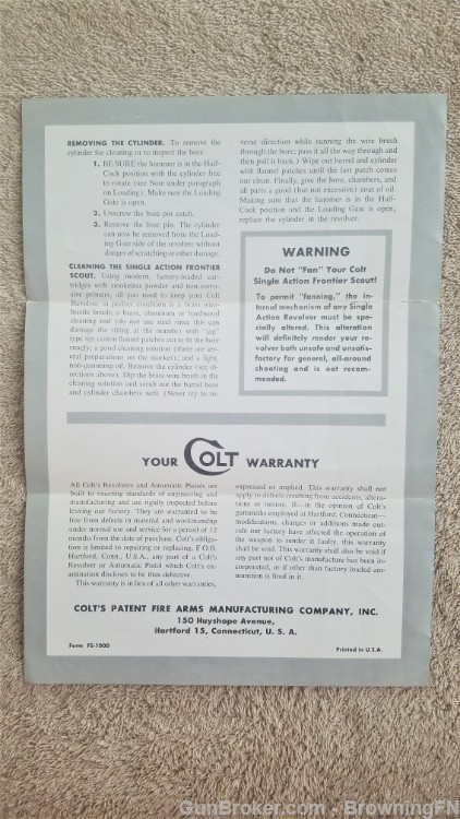 Orig Colt Single Action Frontier Scout Owners Instruction Manual Flyer-img-1