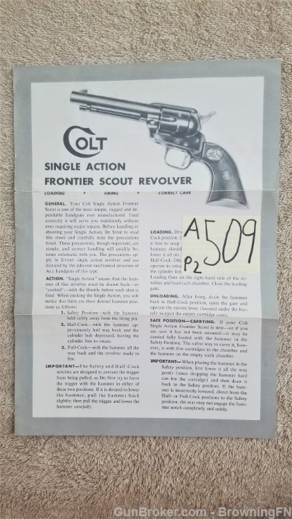 Orig Colt Single Action Frontier Scout Owners Instruction Manual Flyer-img-0