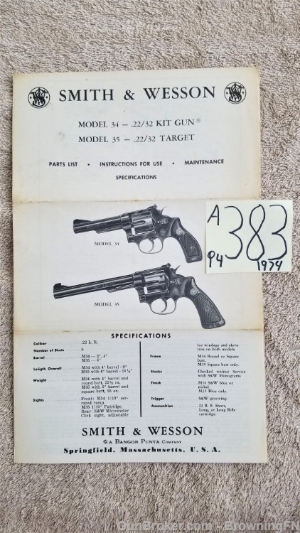 Orig S&W Model 34 35 Owners Instruction Manual 1974-img-0