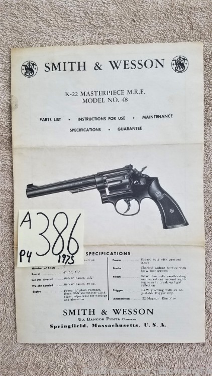Orig S&W Model 48 Owners Instruction Manual 1975-img-0