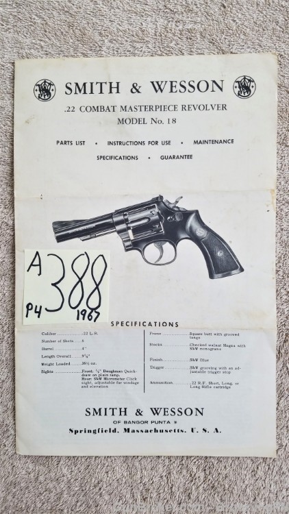 Orig S&W Model 18 Owners Instruction Manual 1967-img-0