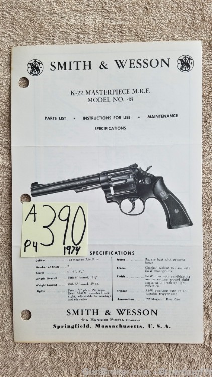 Orig S&W Model 48 Owners Instruction Manual 1974-img-0