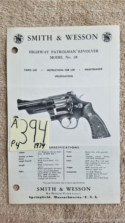 Orig S&W Model 28 Owners Instruction Manual 1974-img-0