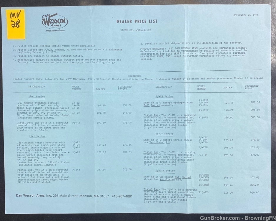 Original 1976 Dan Wesson Complete Dealer Price Sheet-img-0