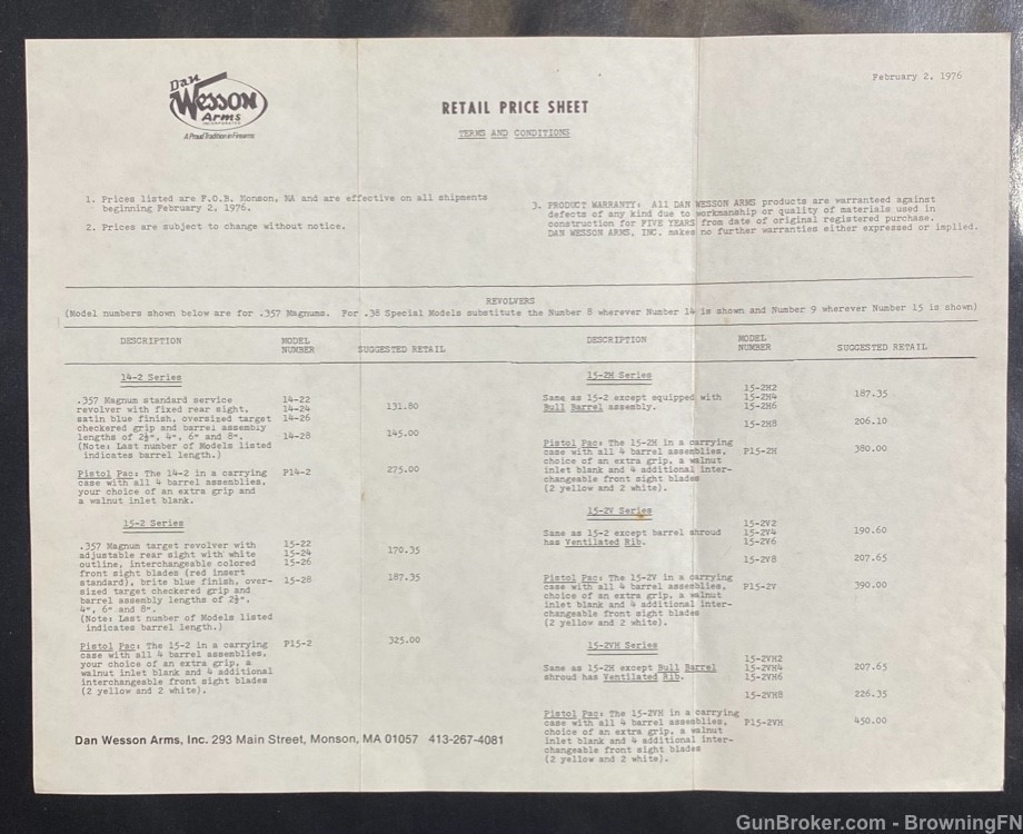 Original 1976 Dan Wesson Complete Dealer Price Sheet-img-2