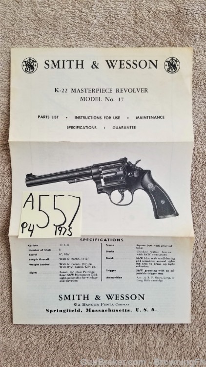 Orig S&W Model 17 Owners Instruction Manual 1975-img-0