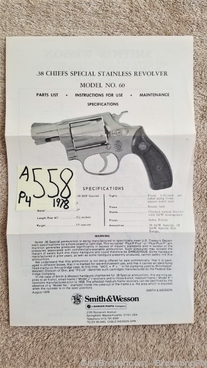 Orig S&W Model 60 Owners Instruction Manual 1978-img-0