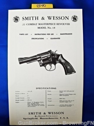 Orig S&W Model 18 Owners Instruction Manual 1969-img-0