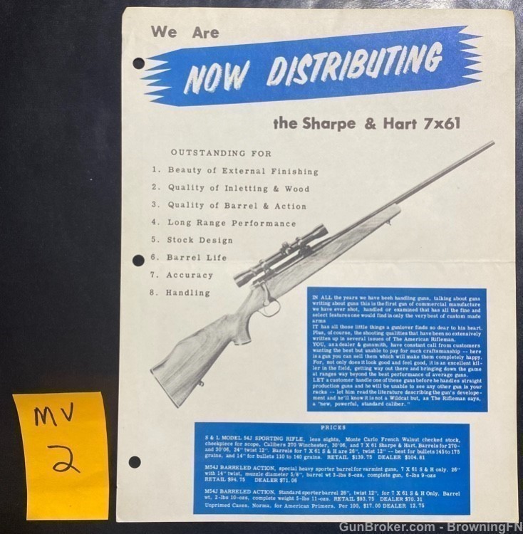 Original Sharpe & Hart 7x61 S&H Introduction Flyer Intro Sheet-img-0