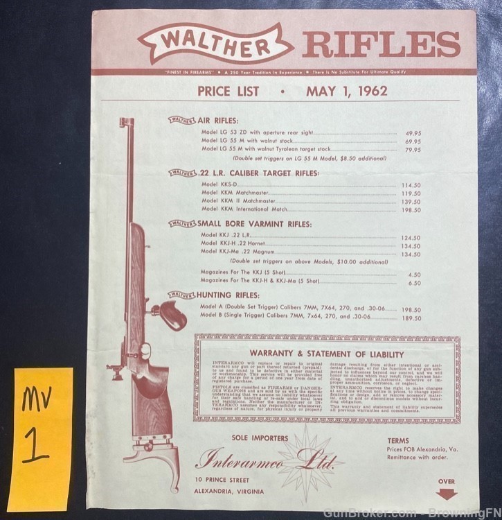 Original 1962 Interarms Walther Price List PPK PP Rifles etc.-img-0