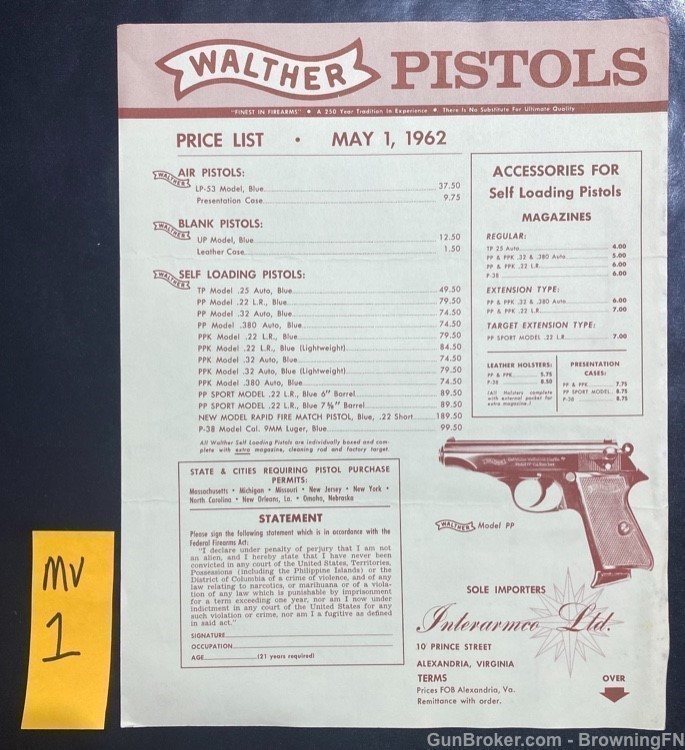 Original 1962 Interarms Walther Price List PPK PP Rifles etc.-img-1
