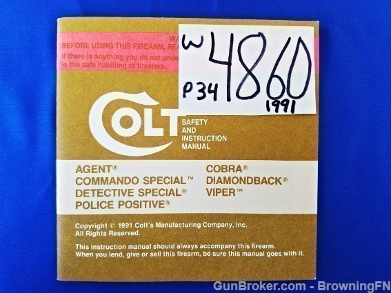 Orig Colt Agent Cobra Commando Owners Manual 1991-img-0