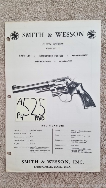 Orig S&W Model 23 Owners Instruction Manual 1960-img-0