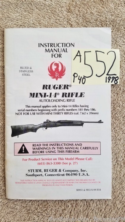 Orig Ruger Mini-14 Owners Instruction Manual 1998-img-0