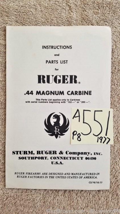 Orig Ruger .44 Magnum Carbine Owners Instruction Manual 1977-img-0