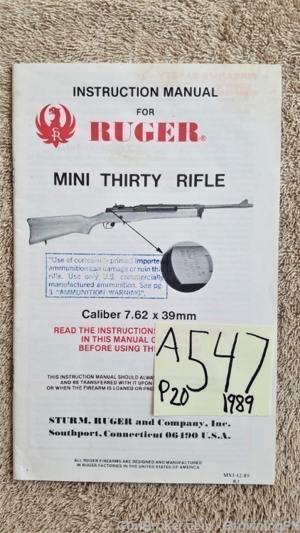 Orig Ruger Mini Thirty Owners Instruction Manual 1989-img-0