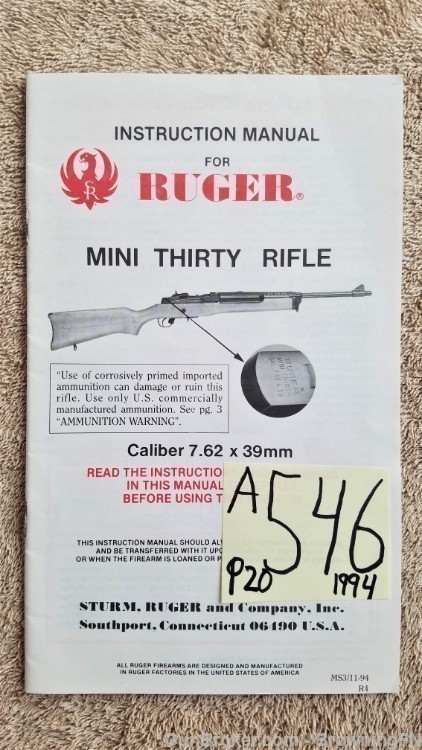 Orig Ruger Mini Thirty Owners Instruction Manual 1994-img-0