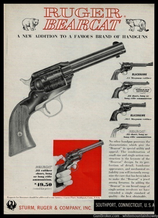 1959 RUGER Bearcat .22 Revolver PRINT AD w/Blackhawk and Single-Six-img-0