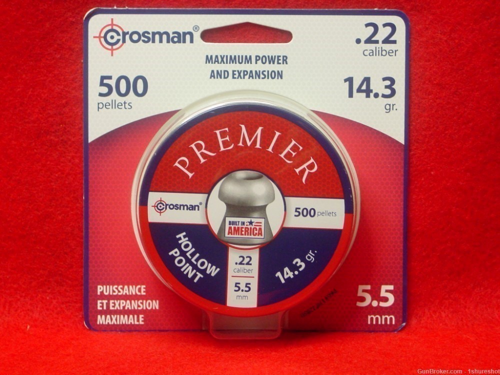 CROSMAN PREMIER .22 CAL. PELLET HOLLOW POINT 500 ROUNDS 14.3G. LEAD PELLETS-img-0