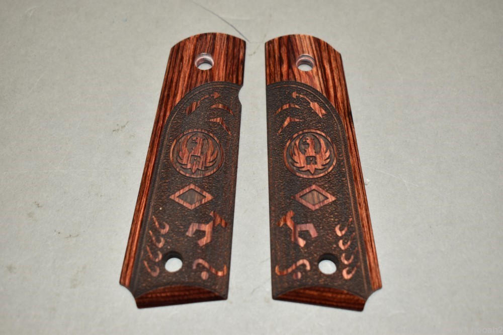 Nice Ruger Altamont 1911 Wood Grips Native American Symbols Engraved -img-0