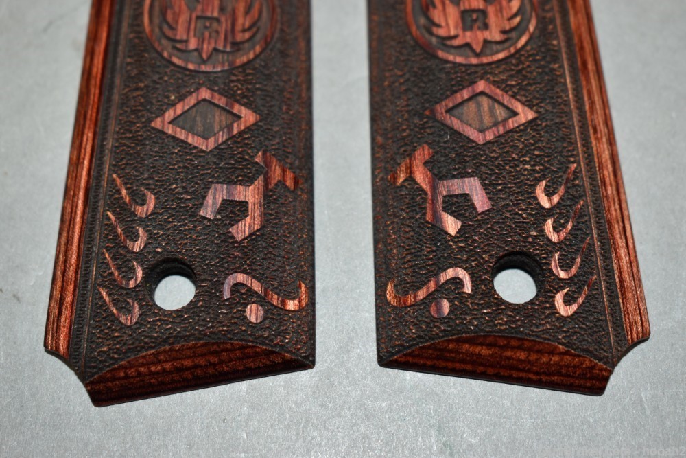 Nice Ruger Altamont 1911 Wood Grips Native American Symbols Engraved -img-5