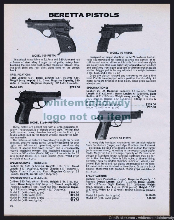 1980 BERETTA 70S, 76, 51/84, 92 Pistol PRINT AD-img-0