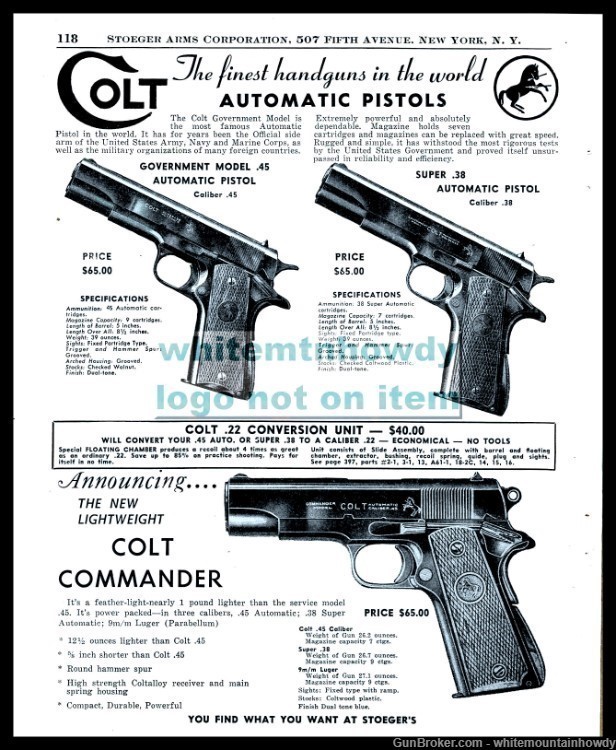1952 COLT Government 45, Super 38, Commander Pistol PRINT AD-img-0