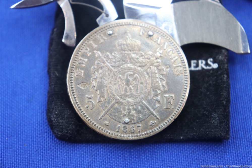 RARE 1867 Empereur Napoleon III 5 Francs Pocket Knife File Scissors Coin 5F-img-5