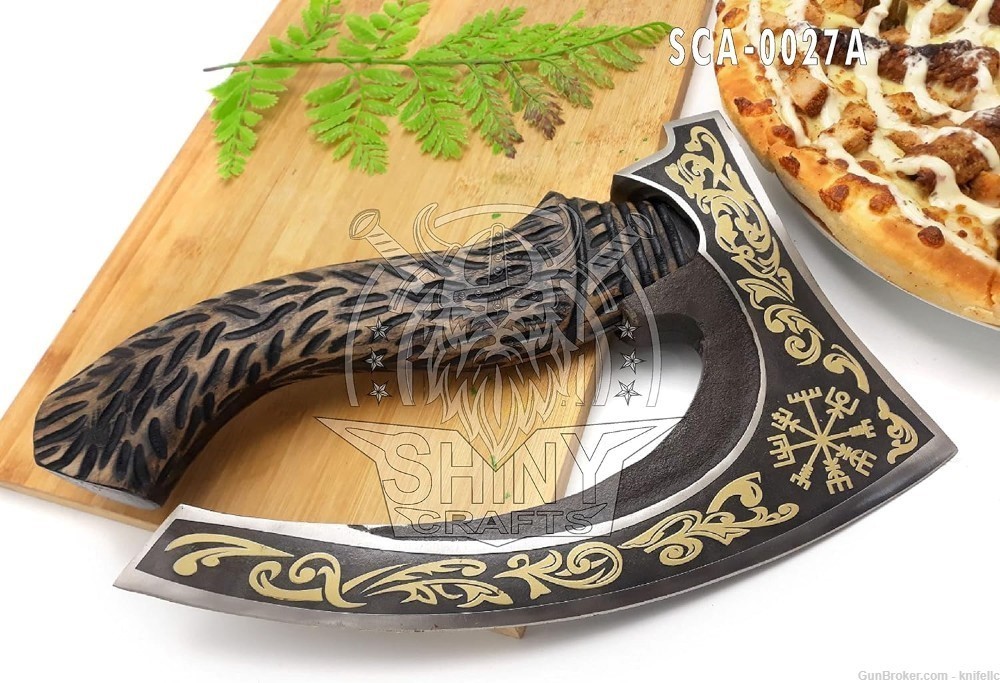 Handmade Viking Steel Pizza Axe with Golden Etching Authentic Medieval -img-0
