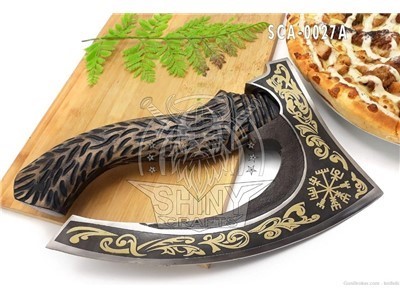 Handmade Viking Steel Pizza Axe with Golden Etching Authentic Medieval 