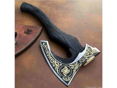 Viking Axe with Carbon Steel Head and Golden Etching Design, Ash Wood Handl