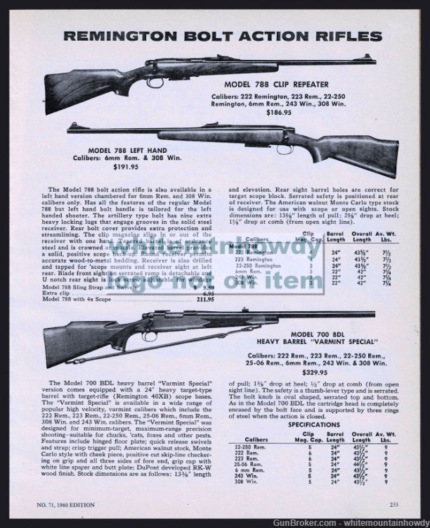 1980 REMIJGTON 788 Clip and Left Hand, 700 BDL Heavy Varmint Rifle PRINT AD-img-0