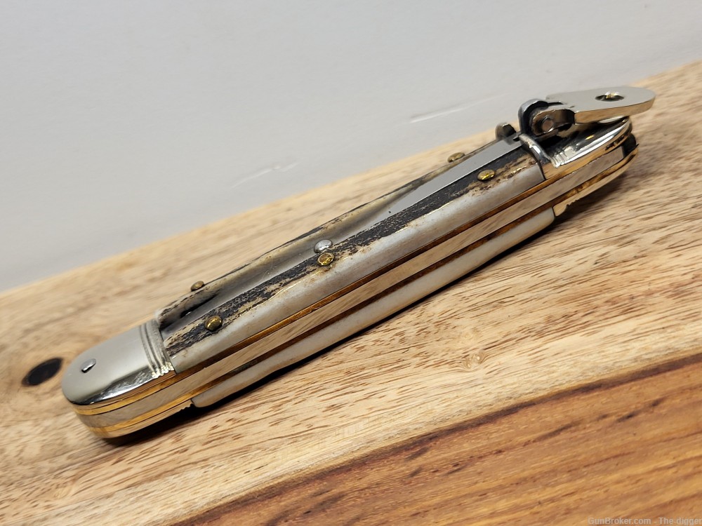 Vintage Hubertus Medm. Side Lever/Lock Automatic Knife W/Stag Handles- Mint-img-3