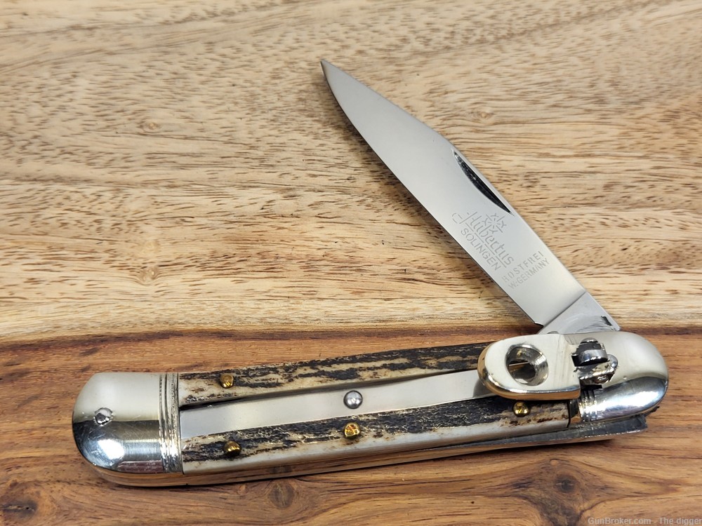 Vintage Hubertus Medm. Side Lever/Lock Automatic Knife W/Stag Handles- Mint-img-0