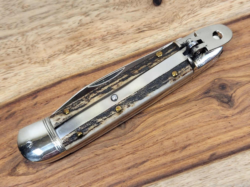 Vintage Hubertus Medm. Side Lever/Lock Automatic Knife W/Stag Handles- Mint-img-5