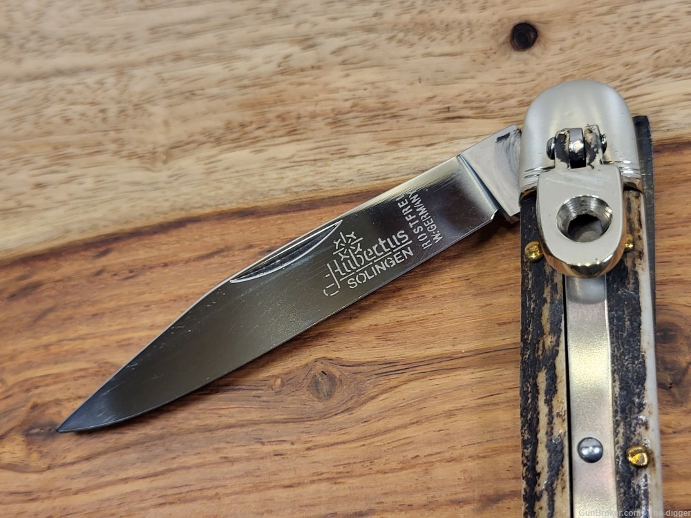 Vintage Hubertus Medm. Side Lever/Lock Automatic Knife W/Stag Handles- Mint-img-1
