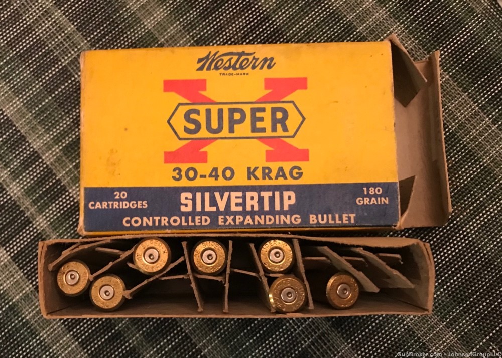 Winchester super X .30-40 Krag ammo box, 7 brass casings-img-2