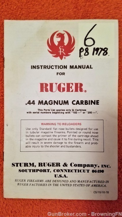 Original Ruger .44 Magnum Carbine Owners Manual 1978-img-0