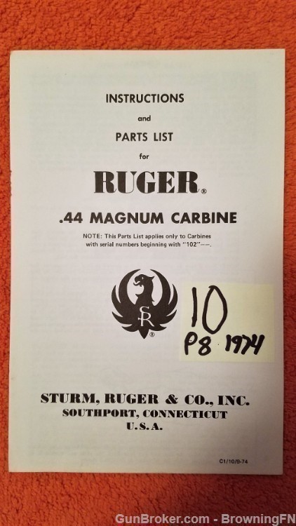 Original Ruger .44 Magnum Carbine Owners Manual 1974-img-0