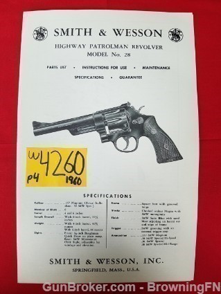Orig S&W Model 28 .357 Mag Owners Manual 1960-img-0