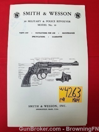 Orig S&W Model 10 M&P .38 Owners Instruction Manual 1964-img-0