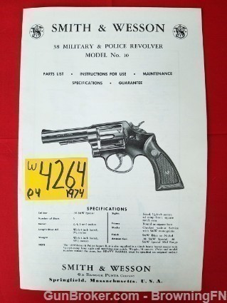 Orig S&W Model 10 M&P .38 Owners Instruction Manual 1974-img-0