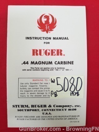 Orig Ruger .44 Magnum Carbine Owners Manual 1978-img-0