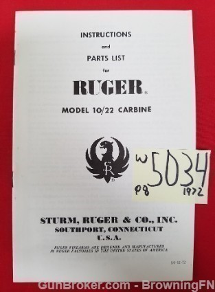 Orig Ruger Model 10/22 Carbine Owners Instruction Manual 1972-img-0