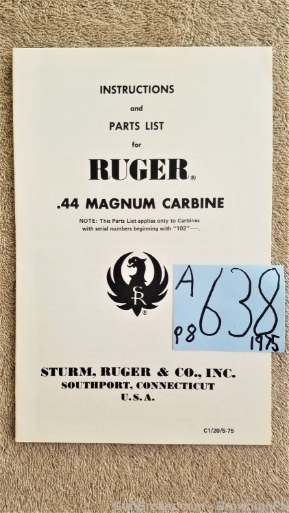 Orig Ruger .44 Magnum Carbine Owners Instruction Manual 1975-img-0