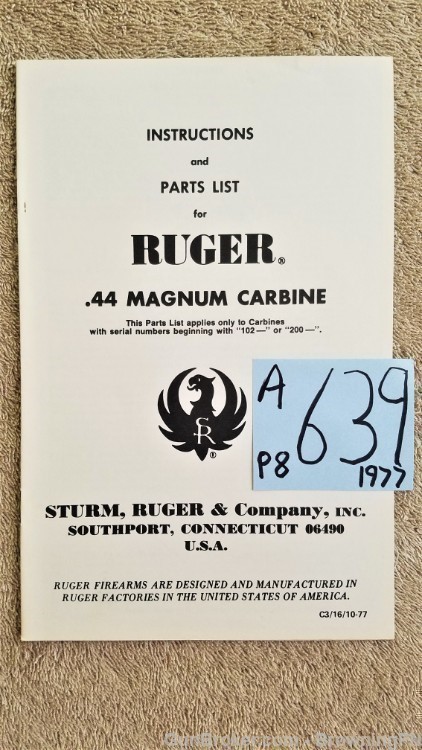 Orig Ruger .44 Magnum Carbine Owners Instruction Manual 1977-img-0