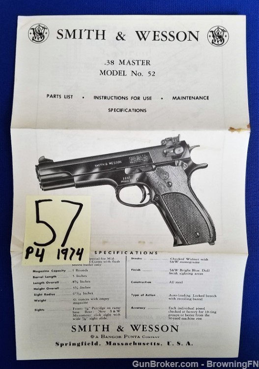 Original S&W Model 52 Owners Manual 1974-img-0