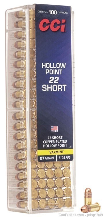 CCI 0028 Varmint 22 Short 27 gr 1105 fps Copper Plated Hollow Point (CPHP) -img-0
