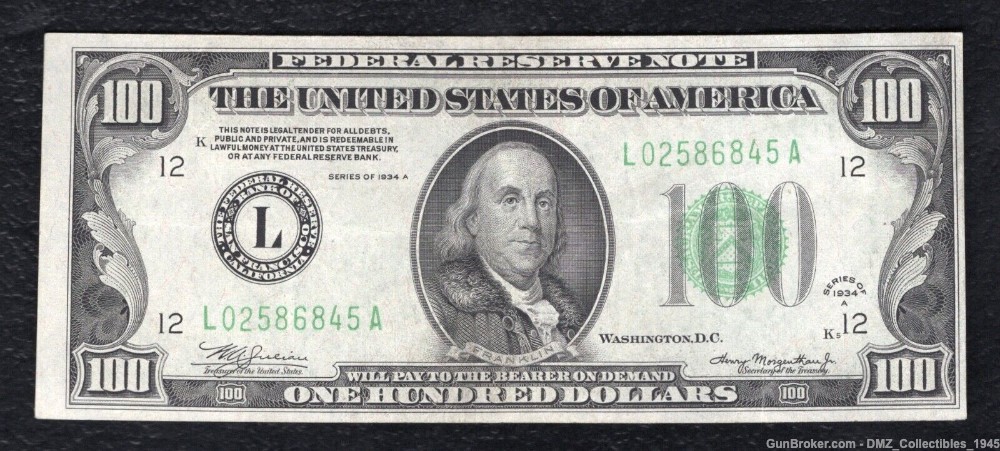 1934 US $100 Dollar Federal Reserve Note w/ Benjamin Franklin-img-0