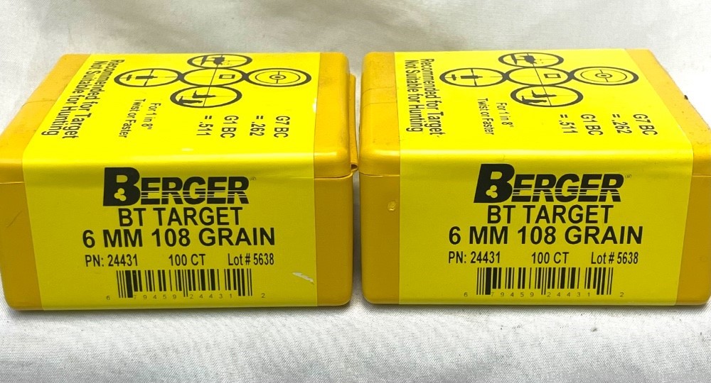 Berger 6MM 108G BT Target PN: 24431 TWO SEALED BOXES ONE LOT.-img-0